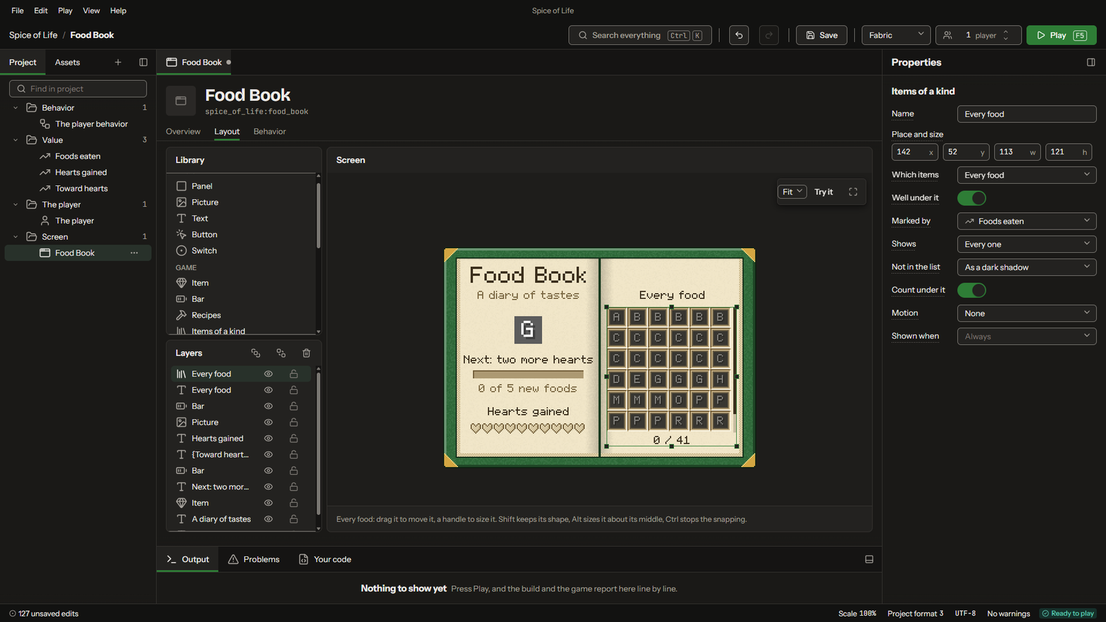 A food book in the screen builder