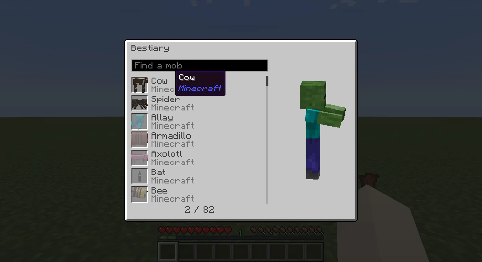 A bestiary listing mobs in the game