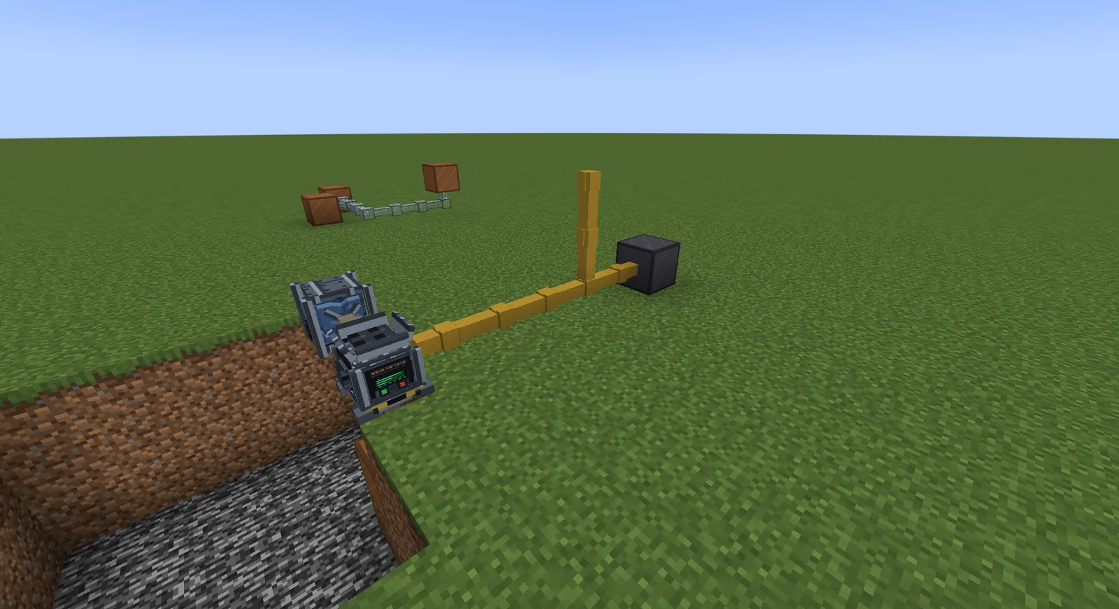 Machines joined by cables and a fluid pipe in the game