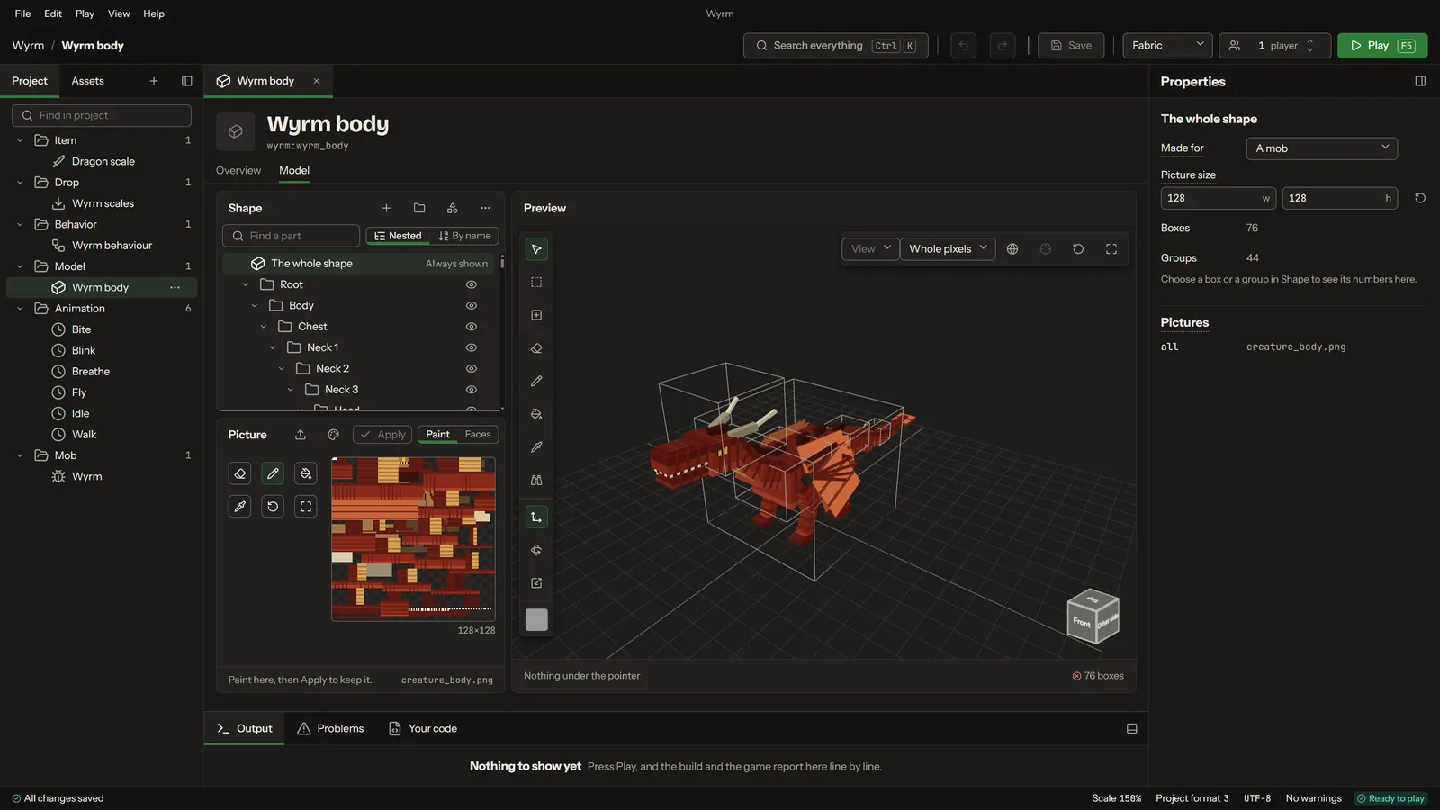 A wyrm's body in the model editor, with its parts listed beside the 3D preview