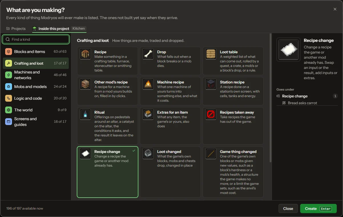 The New window: What are you making? Kinds listed in seven groups, here crafting and loot