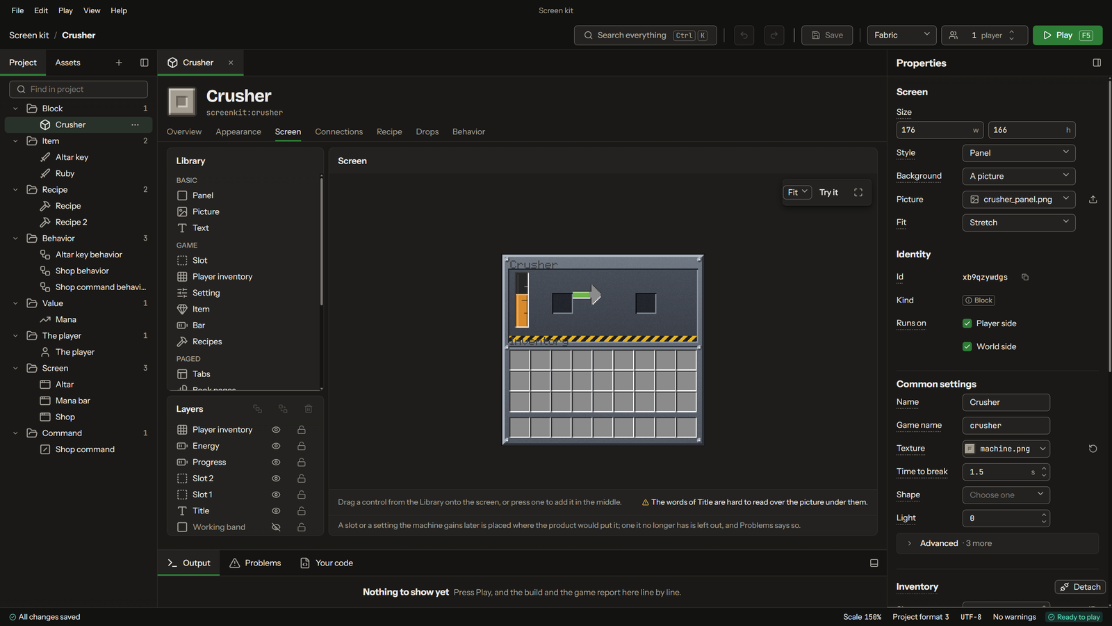 A machine screen in the screen builder
